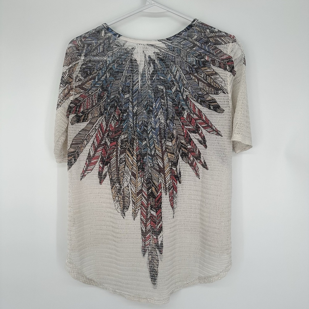 Charlotte‎ Russe Women's Feather Print Sheer Open Knit Boho Festival Top M Cream - Picture 2 of 8